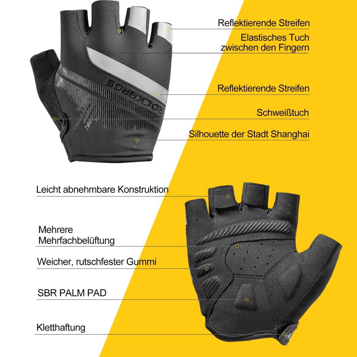 Halkfria ridhandskar med reflekterande halvfingrar, storlekar S-XXL, ROCKBROS - Bild 6