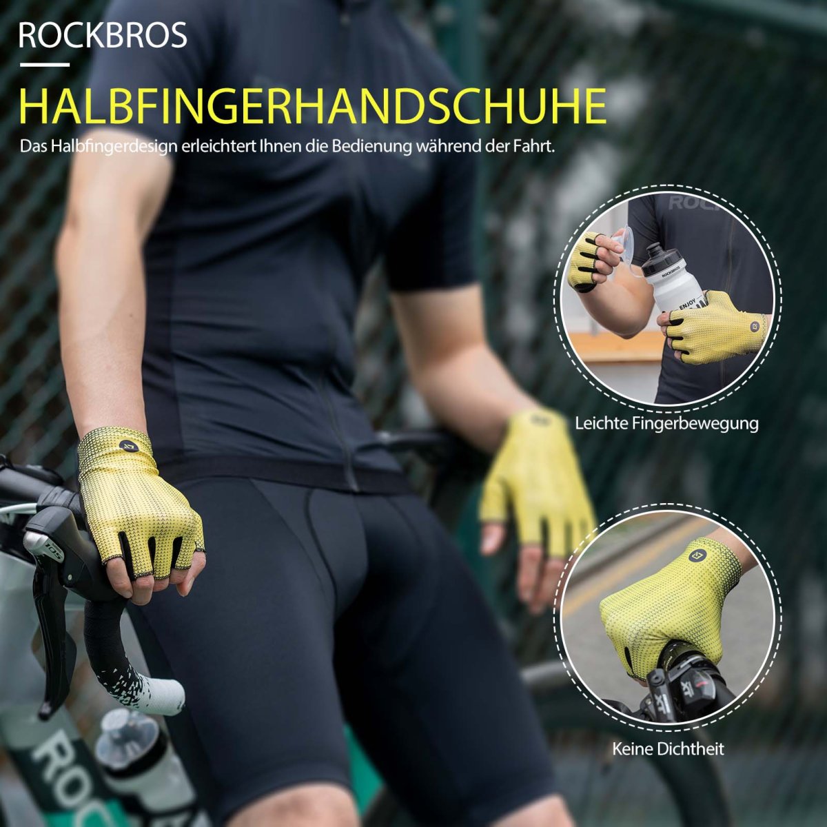 Halvfingercykelhandskar, halkfria, elastiska, unisex, gula, storlekar M-XXL, ROCKBROS - Bild 3