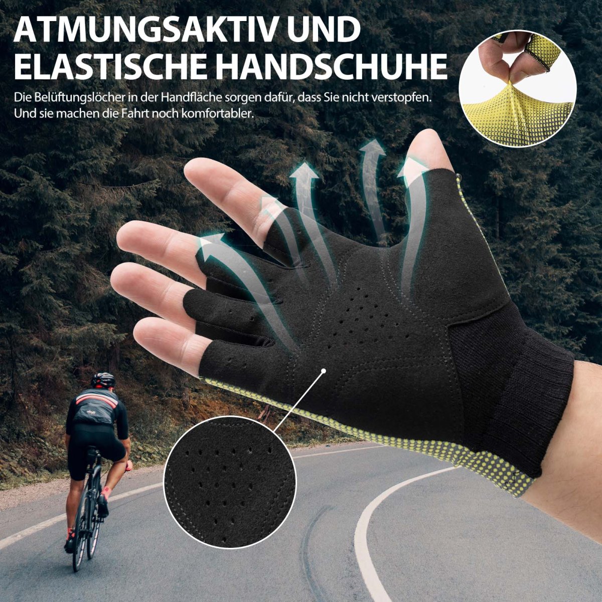 Halvfingercykelhandskar, halkfria, elastiska, unisex, gula, storlekar M-XXL, ROCKBROS - Bild 4